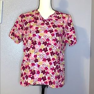 All Heart pink floral medical dental scrub top